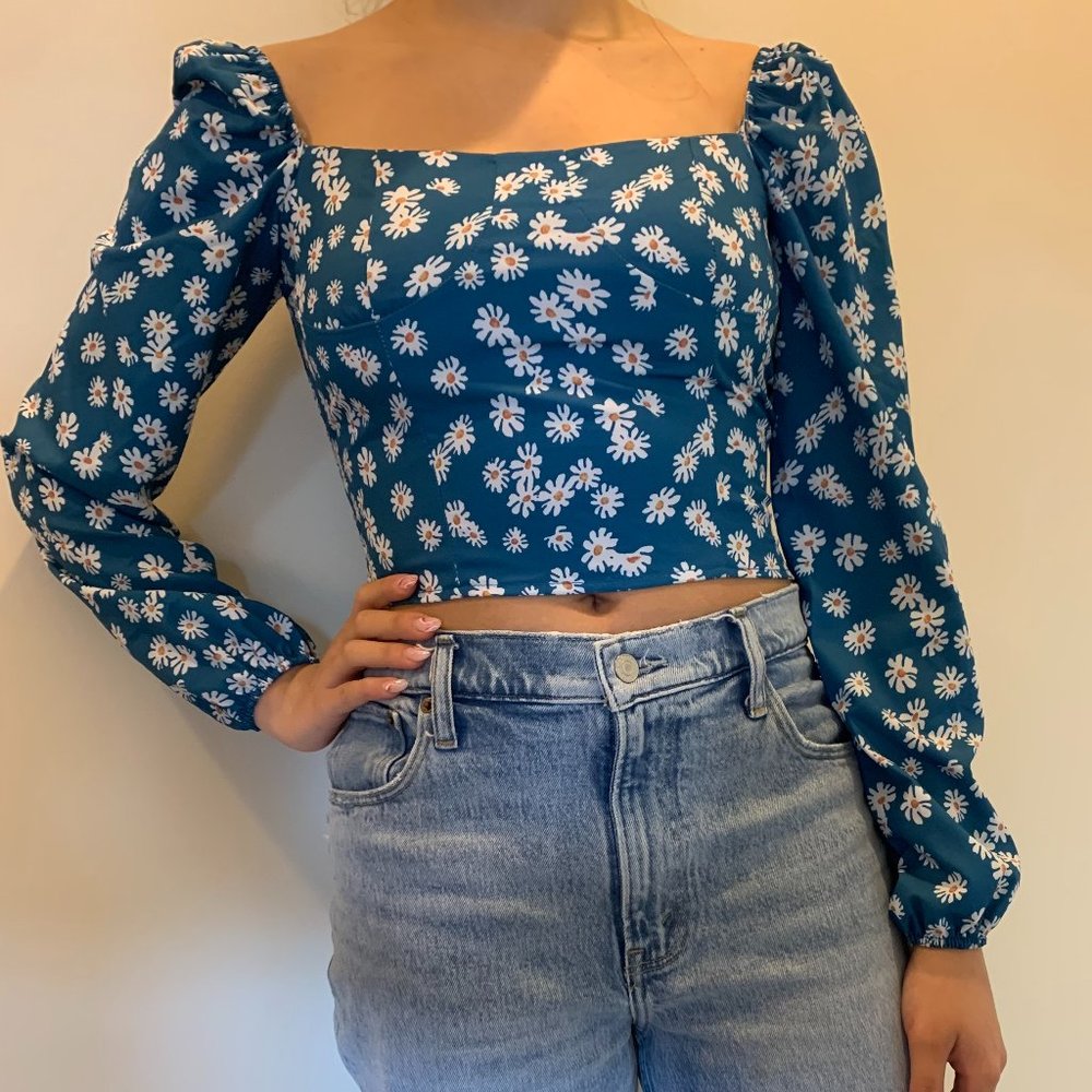 Blue Flowery Long Sleeve Top